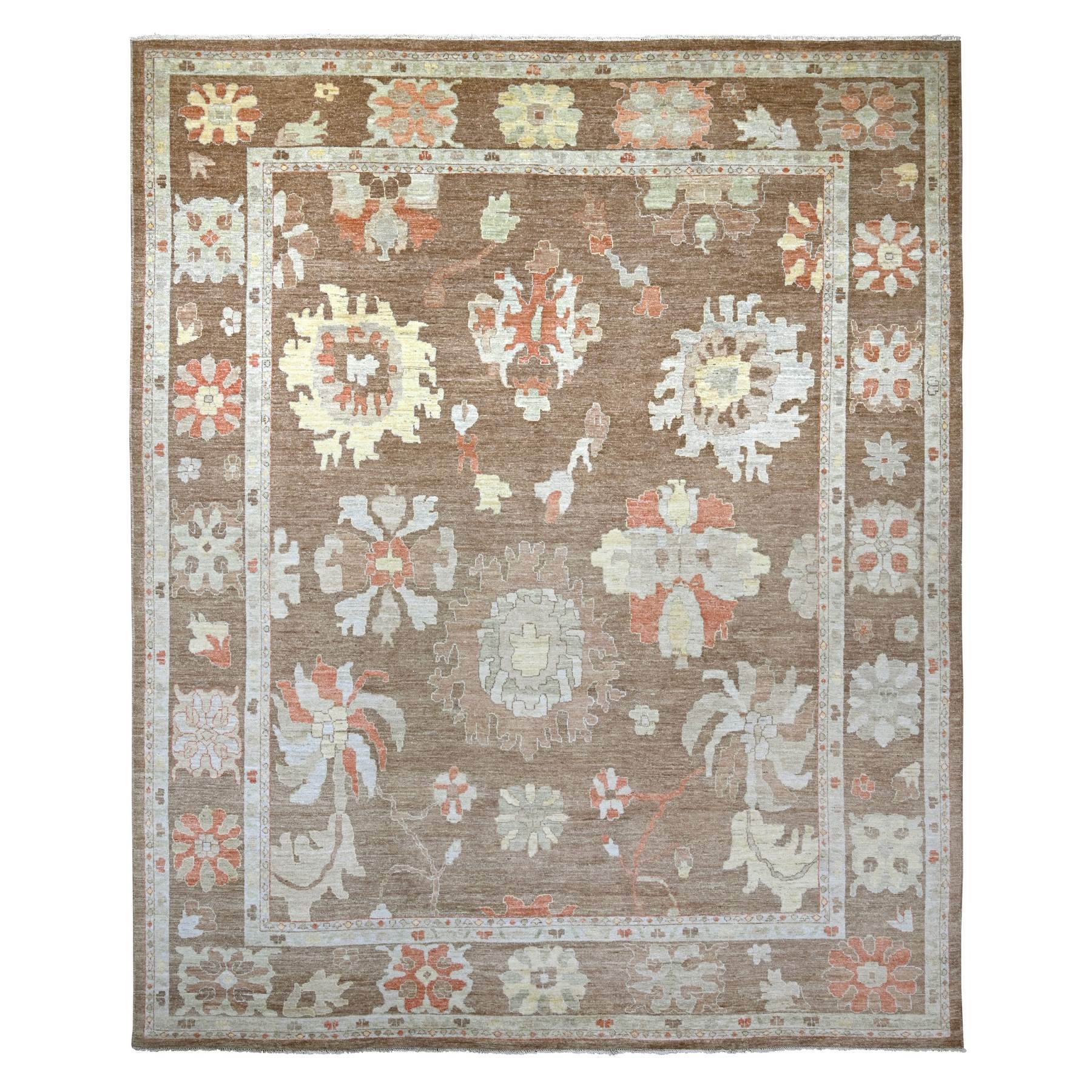 Chocolate Brown, Afghan Angora Oushak with Large Leaf Design, Hand Knotted, 100% Wool, Vegetable Dyes, XL, Oversized, Oriental Rug